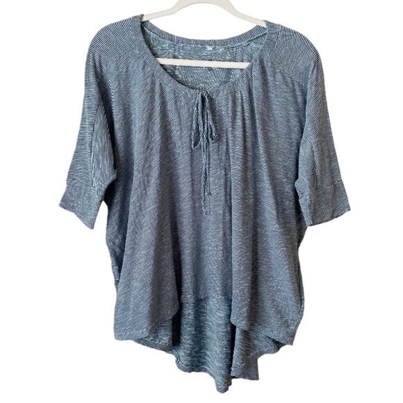 Pete & Greta Johnny Was | Pinstripe Short Sleeve Shirt Top High Low Hem Blue M - Picture 1 of 7